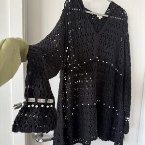 POL open Knit Long Sleeve Hoodie Crotchet Top Pull Over Beach Cover Up SZ L
